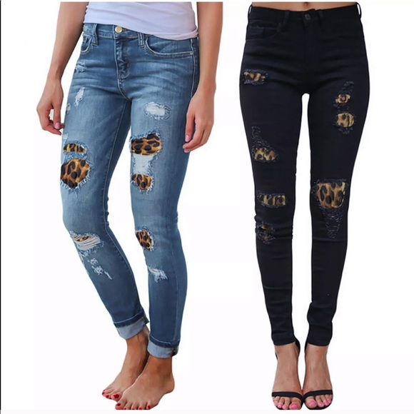 Leopard High Waist Distressed Black Denim Jeans Stretch - Picture 3 of 9